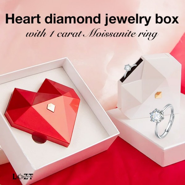 Heart diamond jewelry box with 1 carat Moissanite ring