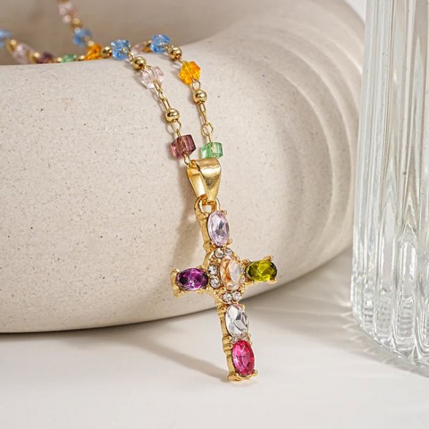 Colorful zircon cross necklace