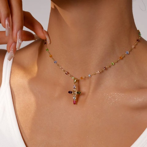 Colorful zircon cross necklace