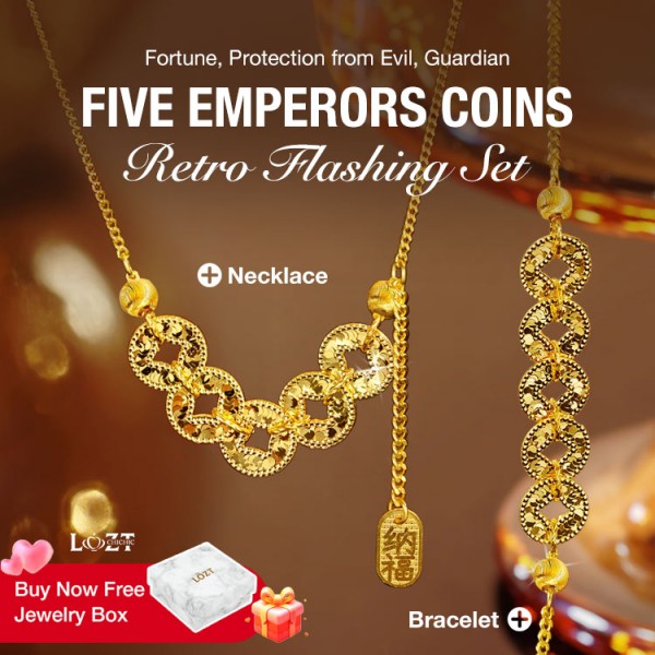 Five Emperors Coins Retro Flashing Light Luxury Bracelet Necklace Set