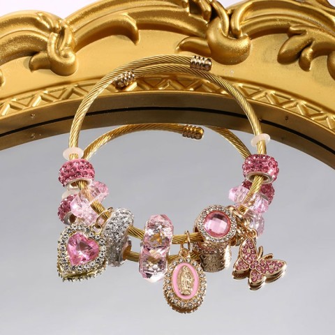 Pink Heart Butterfly Virgin Mary Bracelet