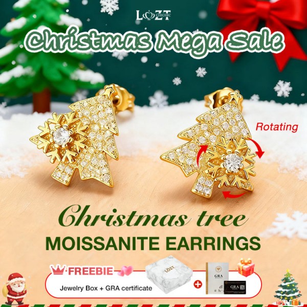 Rotating snowflake Christmas tree moissanite earrings