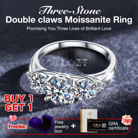 Three-Stone Double claws Moissanite Ring