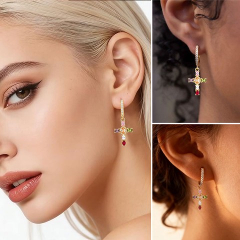 Colorful Zircon Cross Earrings