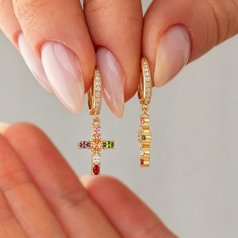 Colorful Zircon Cross Earrings