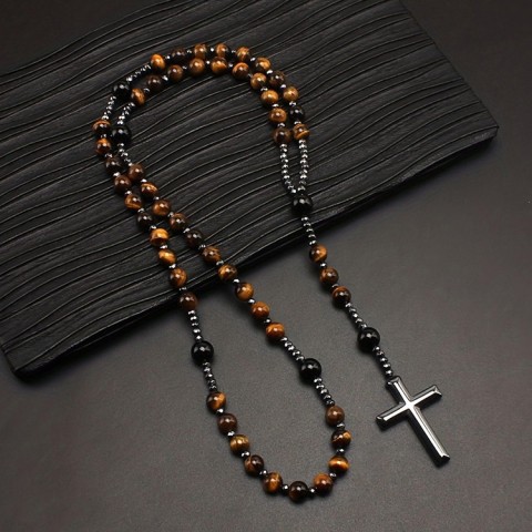 Natural Obsidian Yooperlite Cross Necklace 