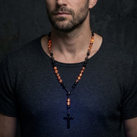 Natural Obsidian Yooperlite Cross Necklace 