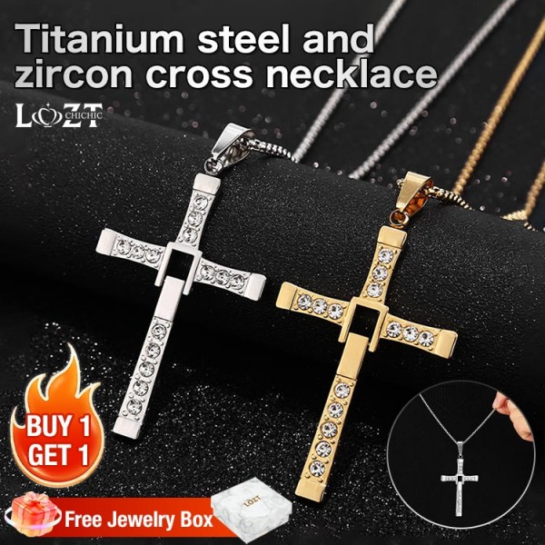Titanium steel and zircon cross necklace
