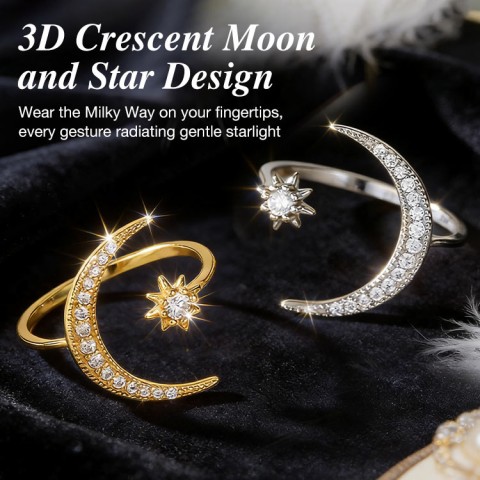Star and Moon Zircon-encrusted Ring