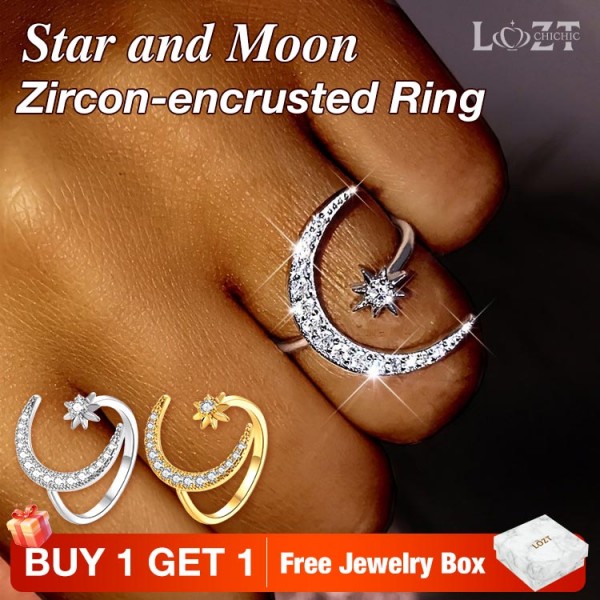 Star and Moon Zircon-encrusted Ring