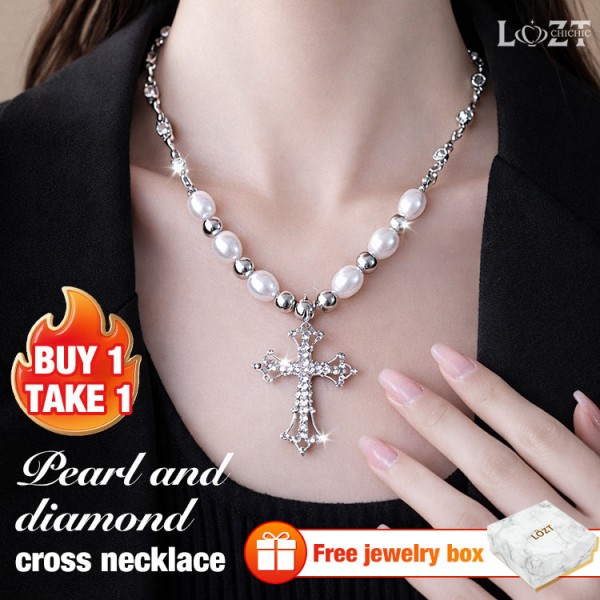 Pearl and diamond Cross Necklace