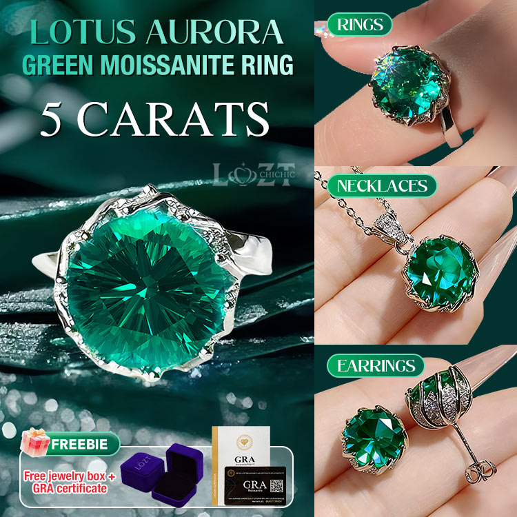 Lotus Aurora Green 5 Carat Moissanite Ring - Free gift box. GRA Certified. Adjustable size