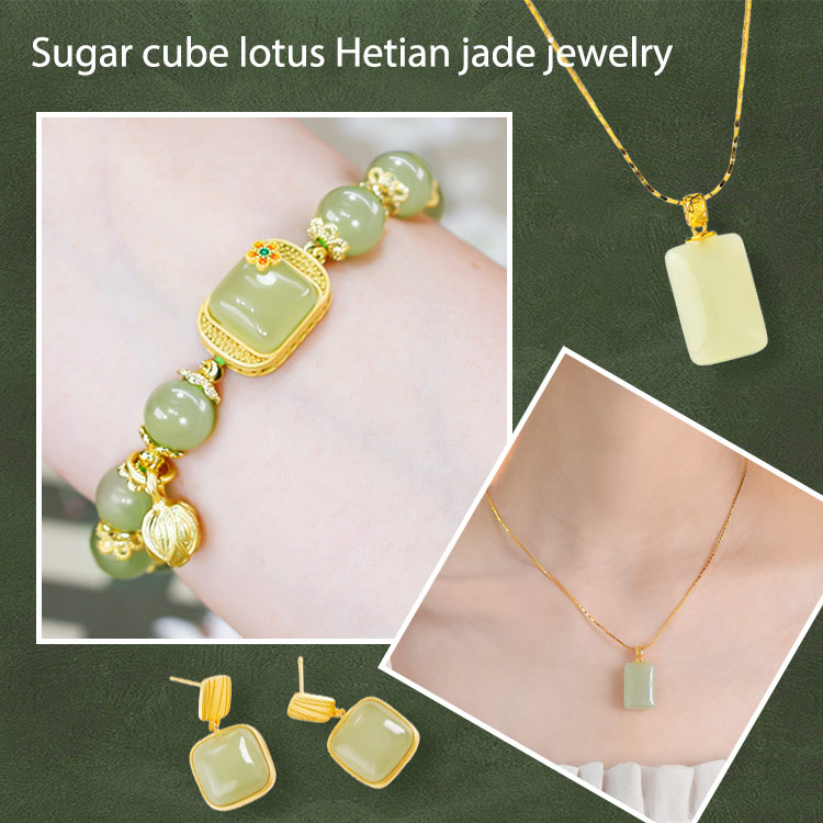 Halloween Sale-18k gold plated Sugar cube lotus and Tian jade jewelry-Do not fade-4 piece set for only ₱474 each
