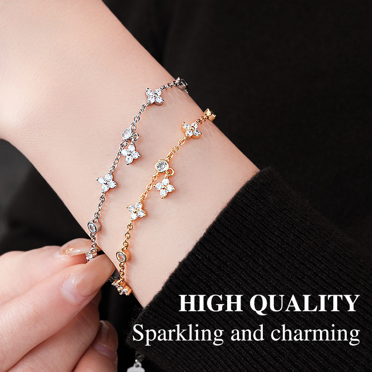 Mothers day promotions- Ophelia Clover Moissanite Bracelet-A Spark of Luck and Love - GRA certificate free gift box