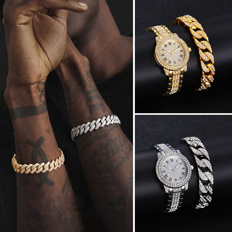 Buy bracelet get watch! 18K Gold Plated Diamond Cuban Chain Cool Fashion Bracelet and watch