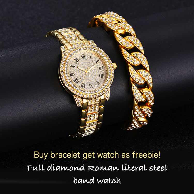 Buy bracelet get watch! 18K Gold Plated Diamond Cuban Chain Cool Fashion Bracelet and watch
