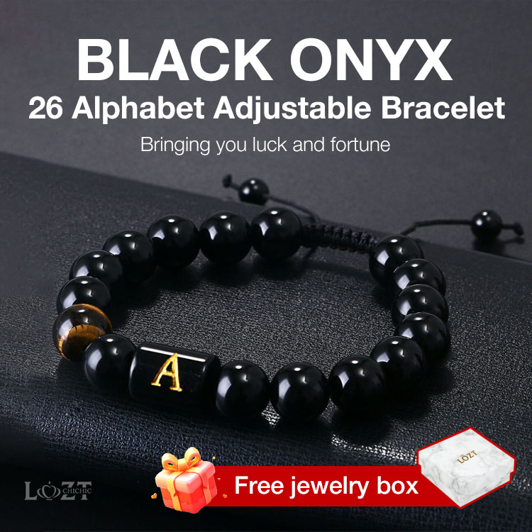 Best personalized gift - Black Onyx 26 Alphabet Adjustable Bracelet - Successful career and good health - Free gift box