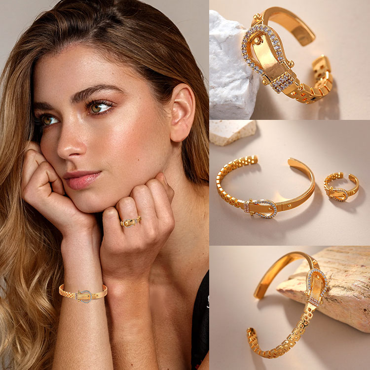 18k gold-plated diamond belt buckle jewelry set-One-year warranty, no fading promise-Give the best gift to yourself