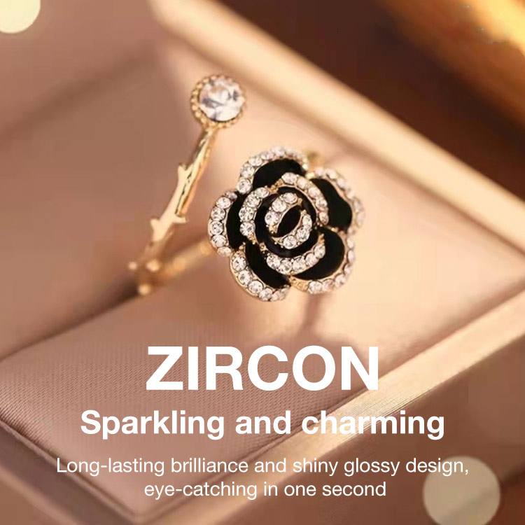 High quality zircon - French Camellia Open Ring - adjustable size, free gift box
