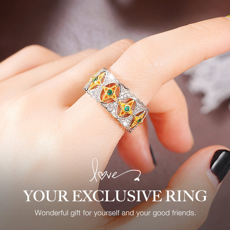 Two-tone gold Venetian teardrop green diamond ring-A symbol of luxury and nobility. Brings luck and wealth