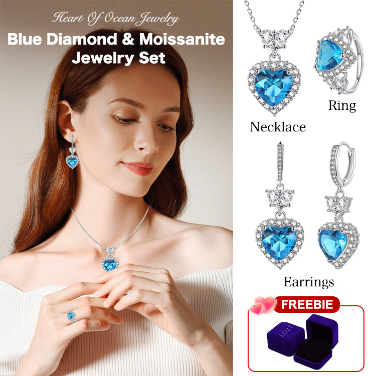 Blue Diamond & Moissanite Jewelry Set-Heart of Ocean Jewelry
