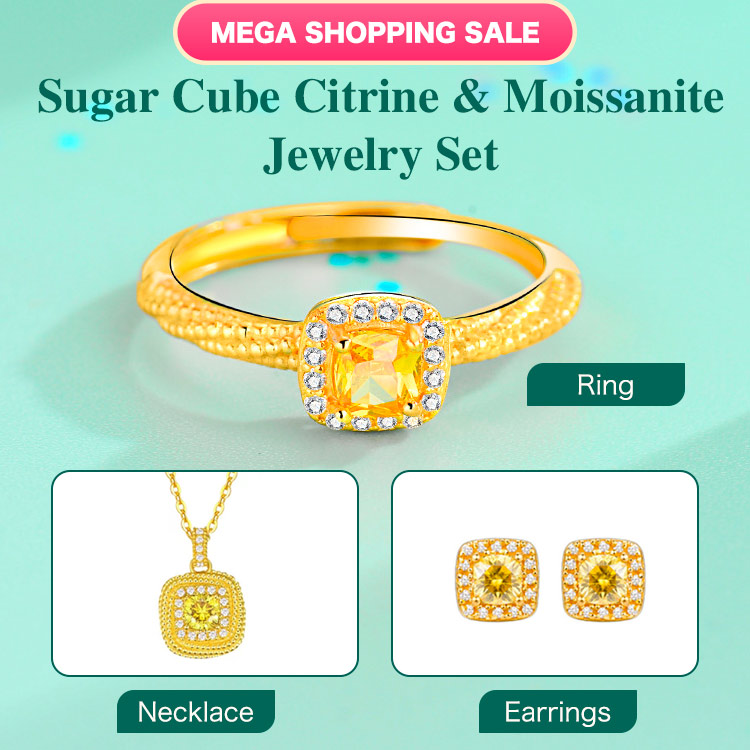 Sugar Cube Citrine & Moissanite Jewelry Set-Get Free Gift Box