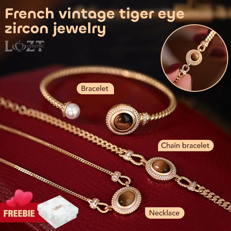 Embrace timeless elegance - French vintage tiger eye zircon jewelry set - Free jewelry box