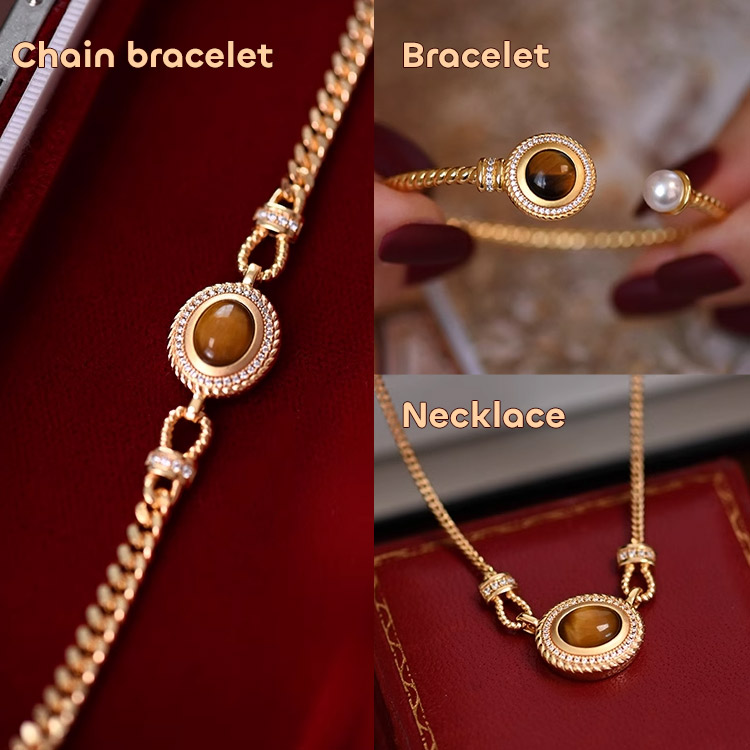 Embrace timeless elegance - French vintage tiger eye zircon jewelry set - Free jewelry box