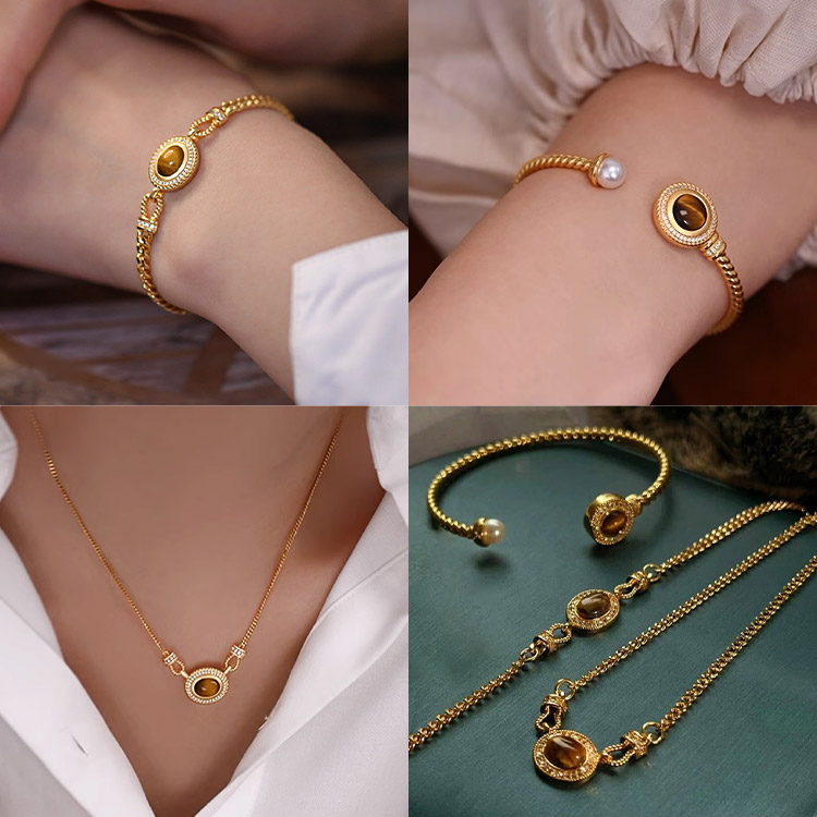 Embrace timeless elegance - French vintage tiger eye zircon jewelry set - Free jewelry box