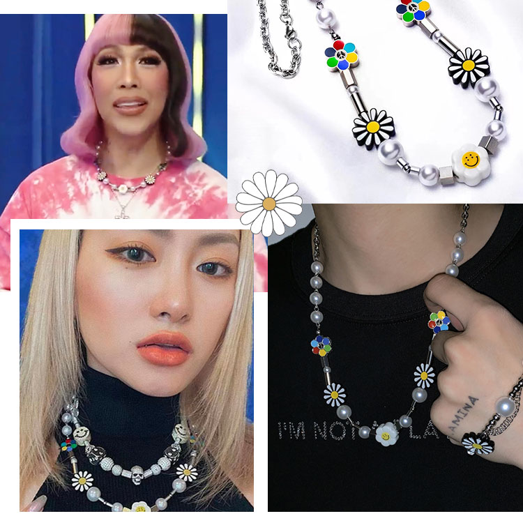 It show time host with the same daisy pearl necklace