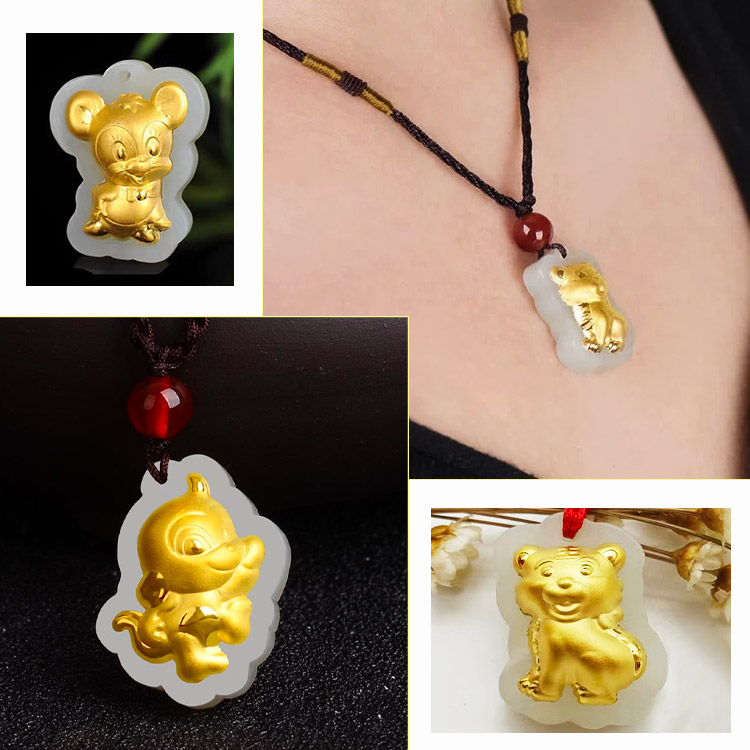 Gold Inlaid Jade Zodiac Lucky Necklace